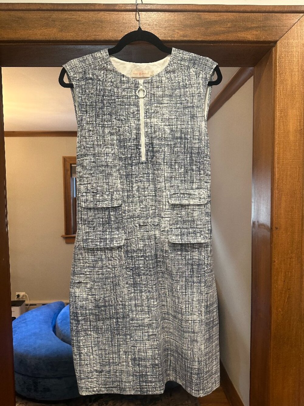 Tory Burch Fitted Blue & White Patterned Sleeveless Dress, Size Women's Large